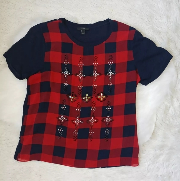 J. Crew Tops - J Crew Navy Blue Red Checkered Sequin Beaded Shirt